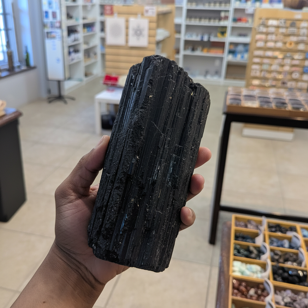 Black Tourmaline Rods natural crystal held in hand to show approximate scale