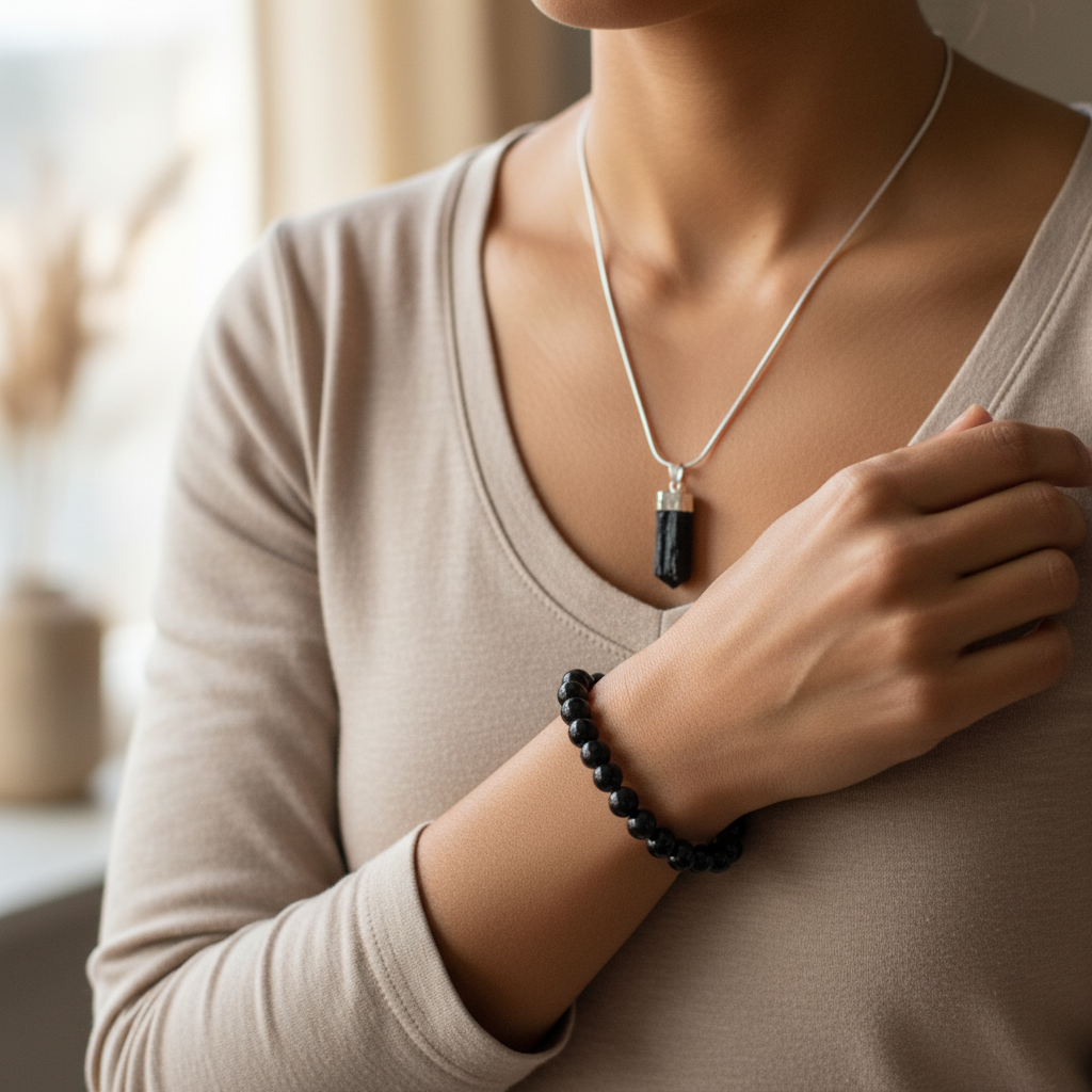 Black Tourmaline pendant and bracelet set styled in a grounding lifestyle setting