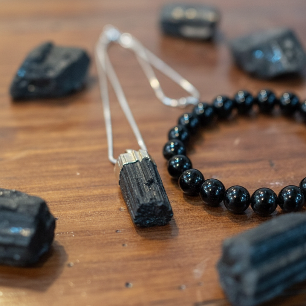 Close-up view of natural Black Tourmaline pendant and bracelet details