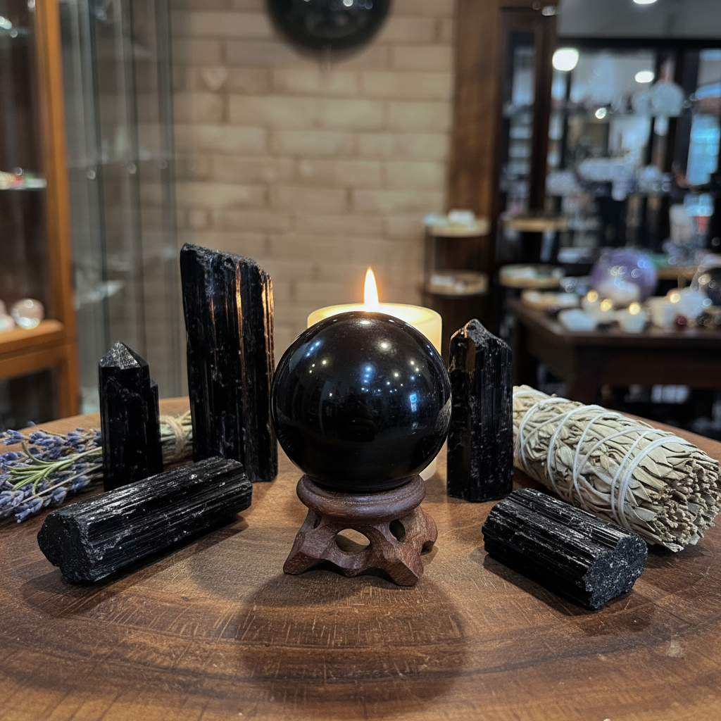 Polished 40mm Black Tourmaline sphere displayed in a calm styled setting