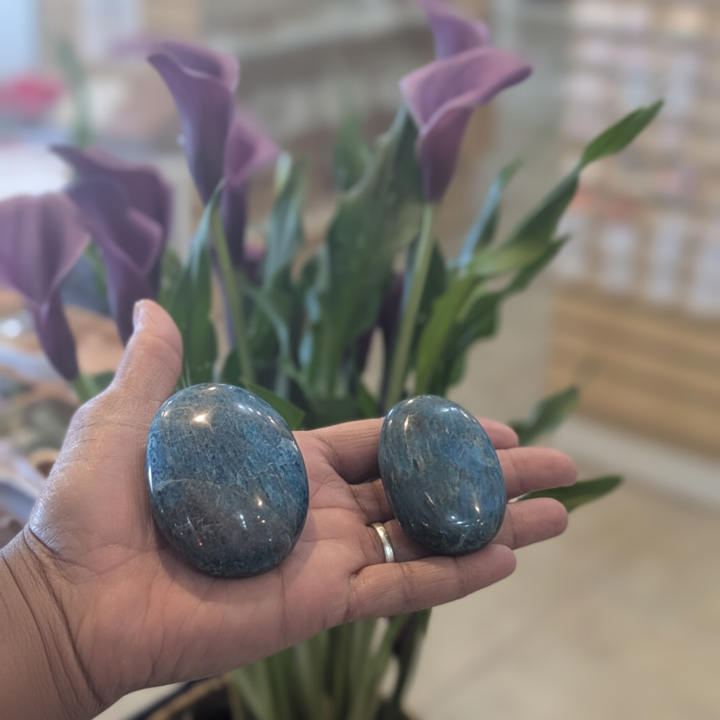 Blue Apatite Gallet Palm Stone displayed in a calm lifestyle setting for scale and styling inspiration.