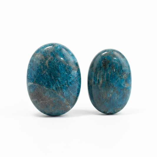 Blue Apatite Gallet Palm Stone shown clearly on a clean white background, highlighting its color, shape, and natural variation.