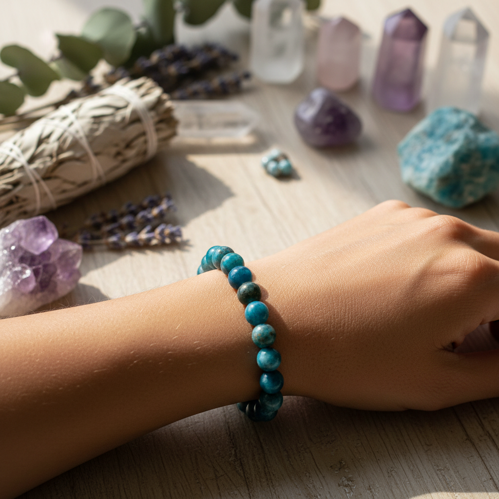 Blue Apatite 8mm bracelet worn on wrist in natural light with botanicals and crystals in background — Prana Blessings