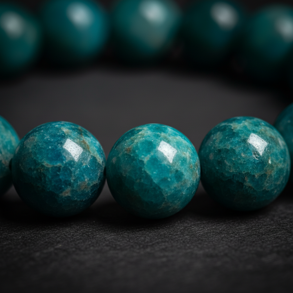Close-up of Blue Apatite 8mm bracelet beads showing vibrant teal and blue-green stone surface — Prana Blessings
