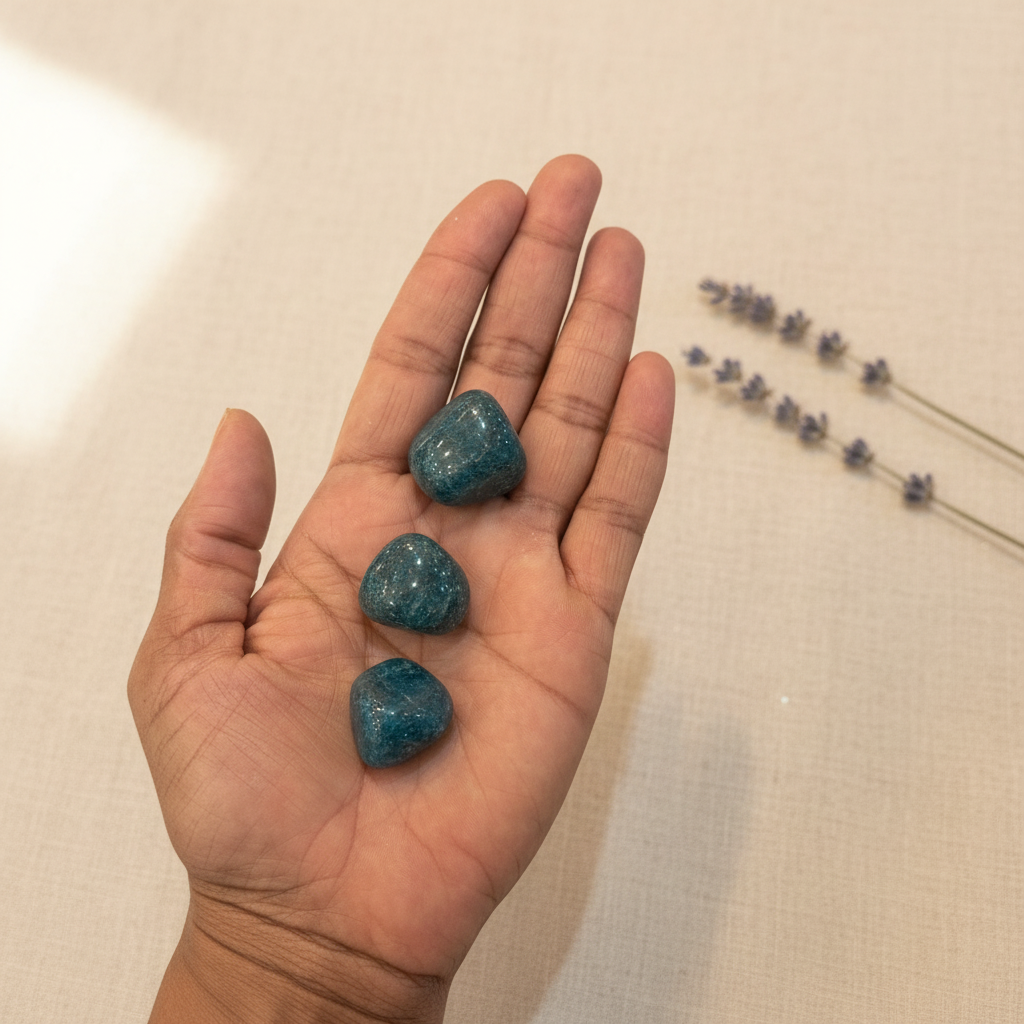 Polished blue apatite tumbled stones styled on neutral linen with lavender for a calm lifestyle scene.