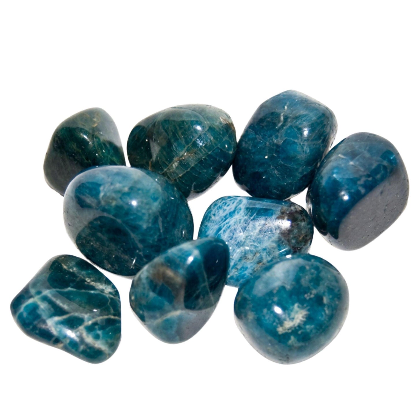 A group of polished tumbled blue-apatite stones with natural marbled patterns, displayed on a clean white background.