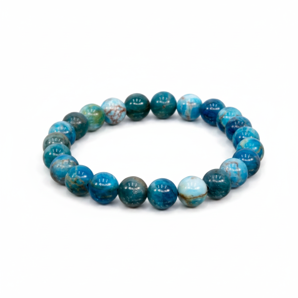 Blue Apatite 8mm beaded bracelet on white background — vibrant teal natural stone crystal bracelet by Prana Blessings