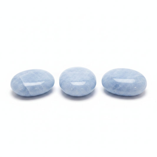 Blue Calcite Gallets Palm Stone shown clearly on a clean white background, highlighting its color, shape, and natural variation.
