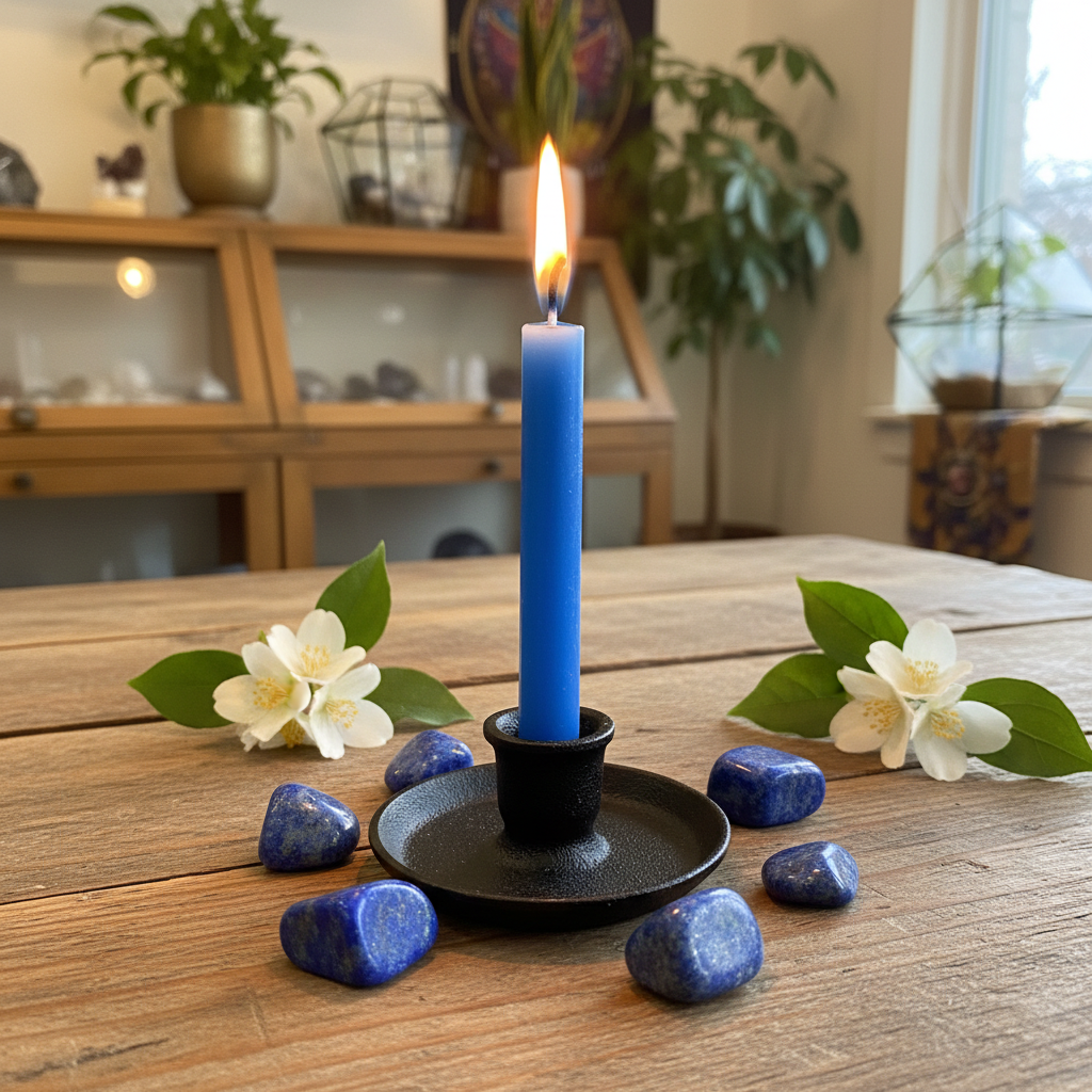 Blue 4-inch ritual chime candle displayed in a black cast iron holder