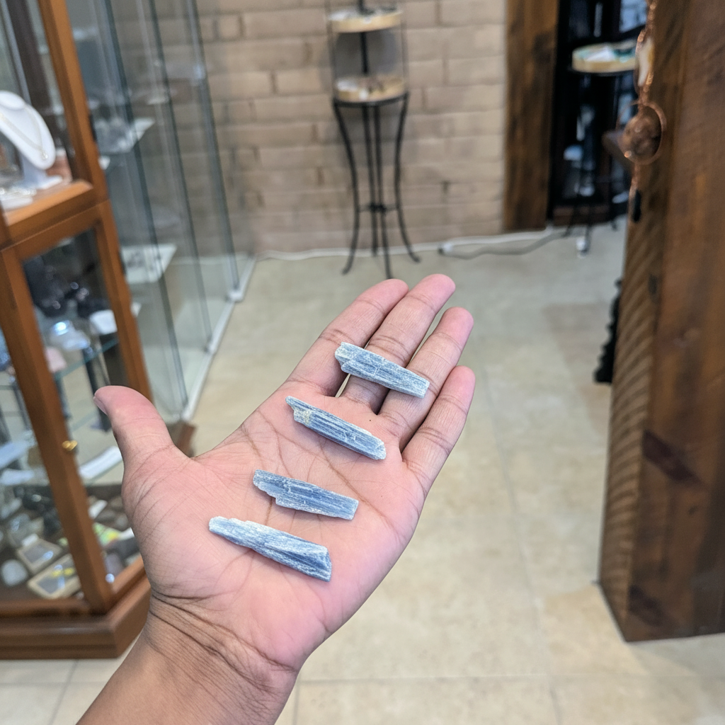 Blue Kyanite Blades natural crystal held in hand to show approximate scale