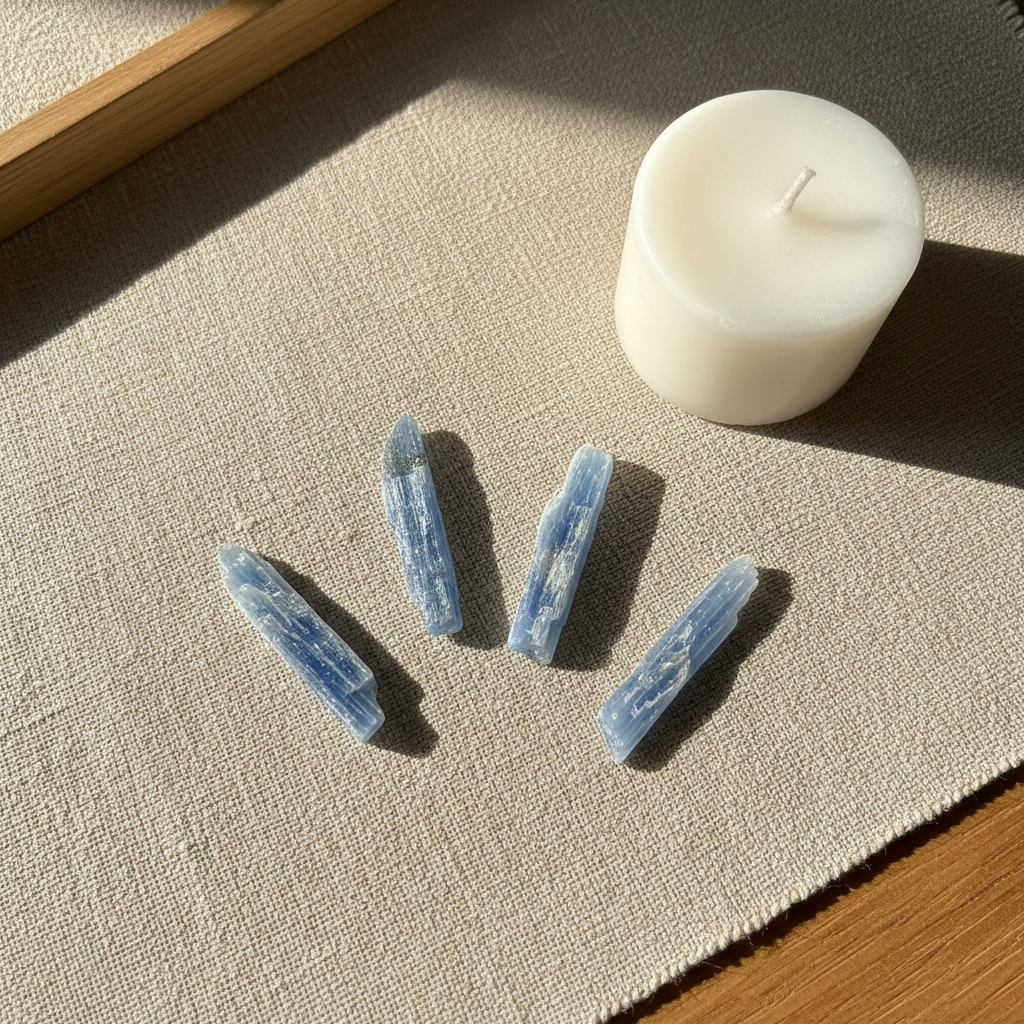 Blue Kyanite Blades natural crystal displayed in a calm styled setting