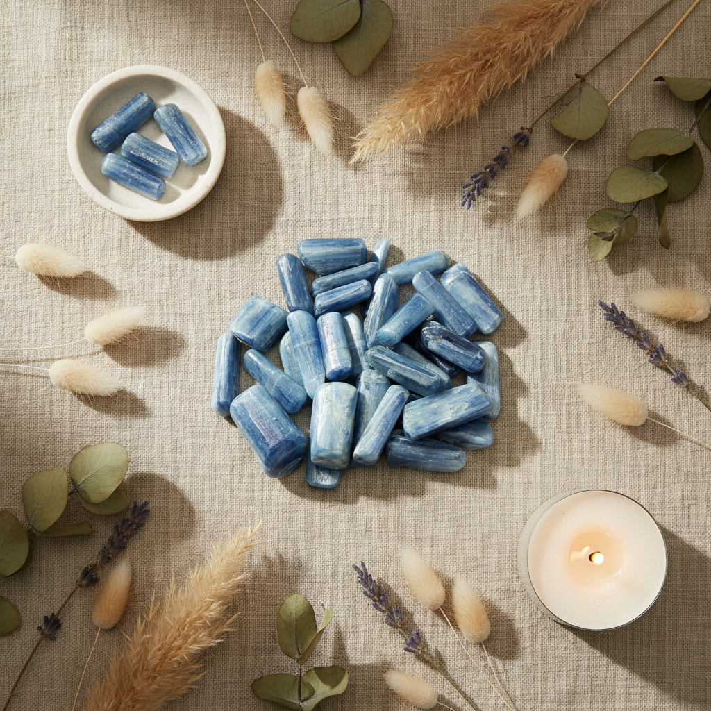 Polished Blue Kyanite tumbled stones styled in a peaceful meditation setting