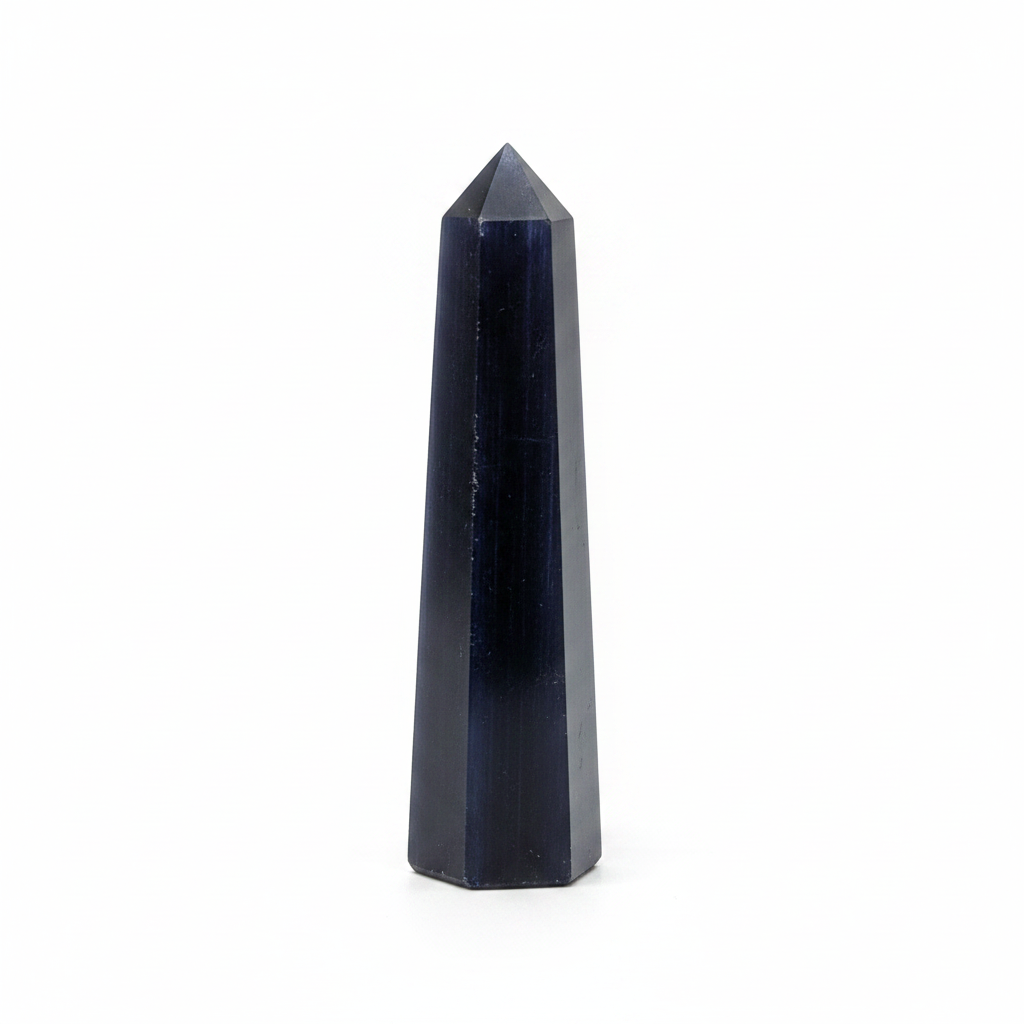 Polished Blue Kyanite obelisk, approximately 3 to 4 inches tall, on a white background