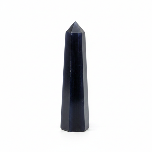 Polished Blue Kyanite obelisk, approximately 3 to 4 inches tall, on a white background