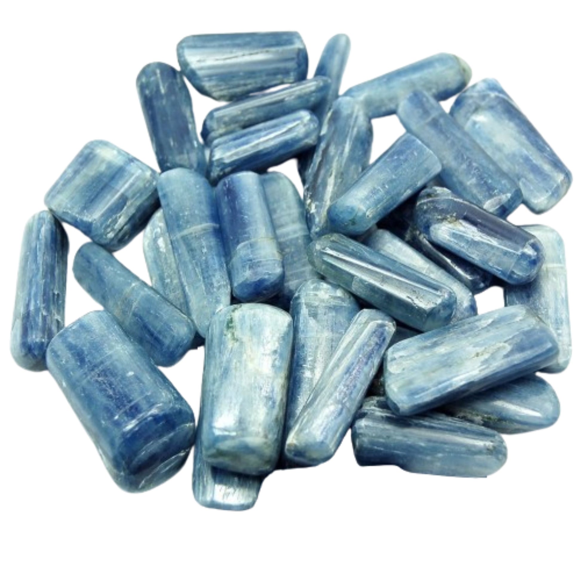 A pile of polished blue kyanite tumbled stones with natural striated textures, shown on a plain white background.