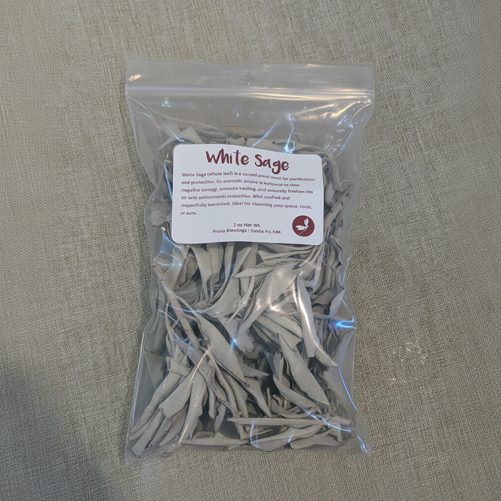 Two-ounce loose White Sage whole leaf in a clear zip bag