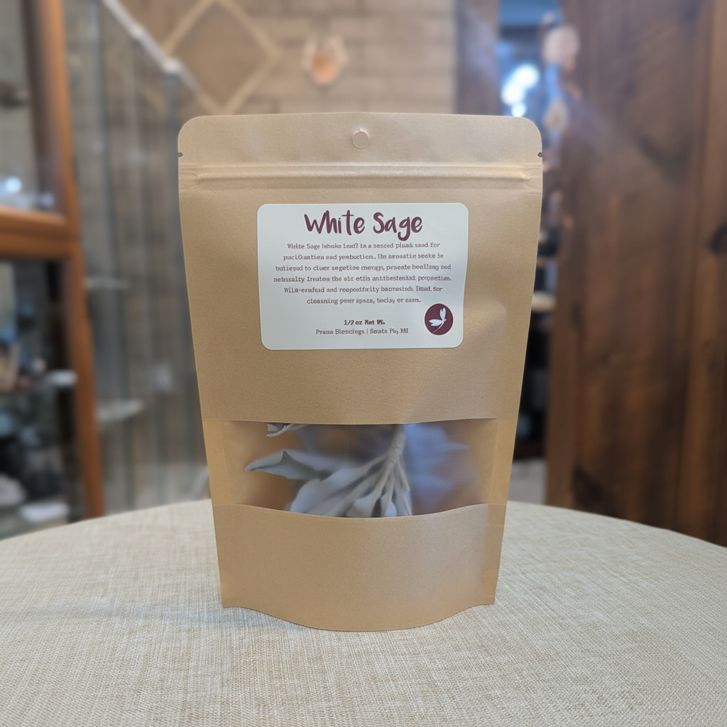 Half-ounce loose White Sage whole leaf in a branded kraft bag