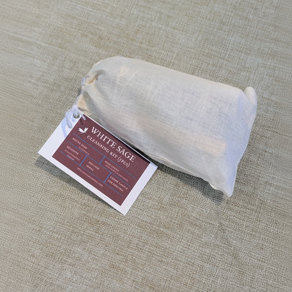 White Sage cleansing kit packaged in a branded cotton muslin bag