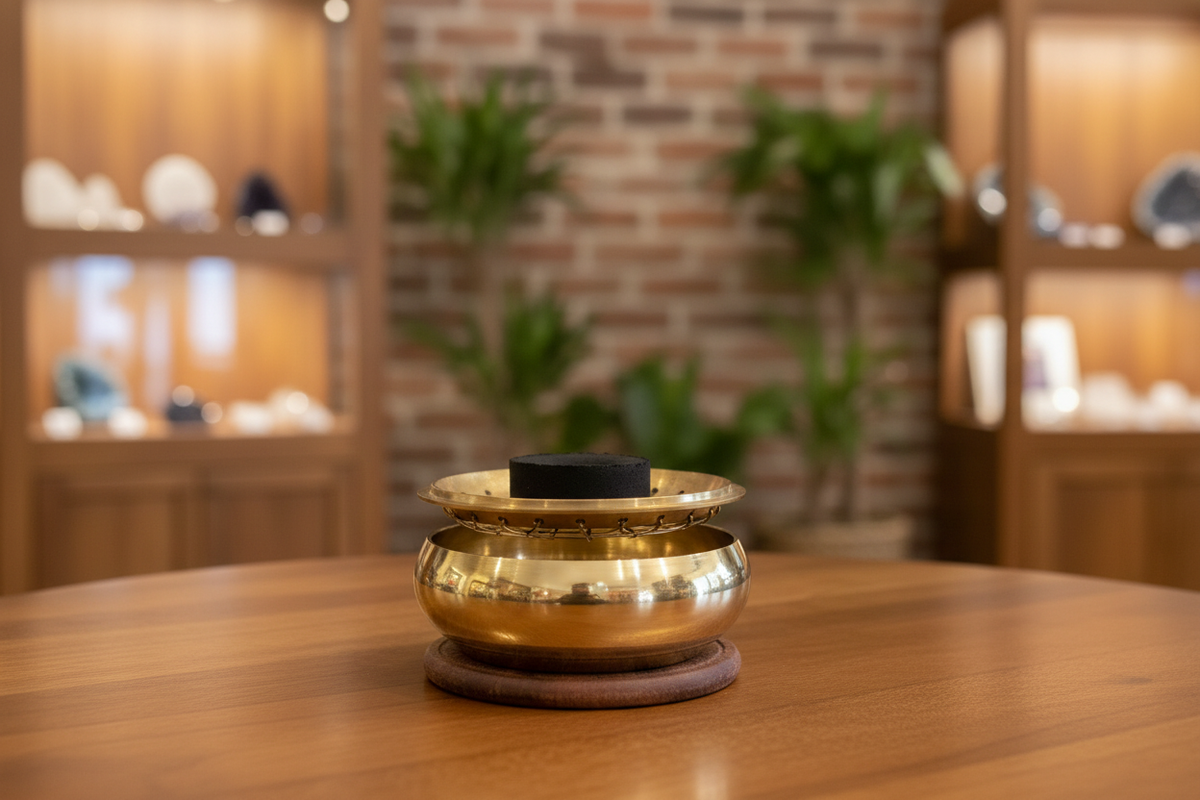 Brass charcoal burner with the screen inverted to hold a charcoal disc