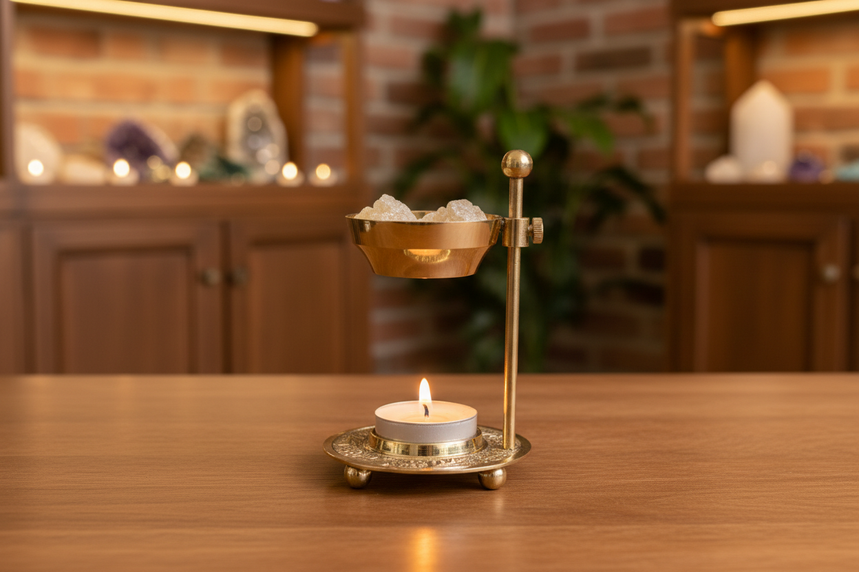Brass resin burner displayed with a tea light for gently warming resin incense