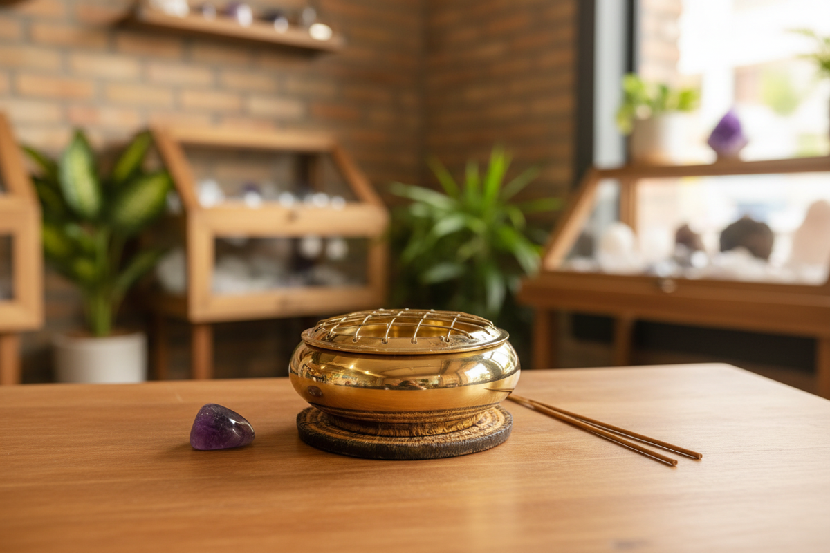 Brass screen charcoal burner arranged for burning resin incense and herbs