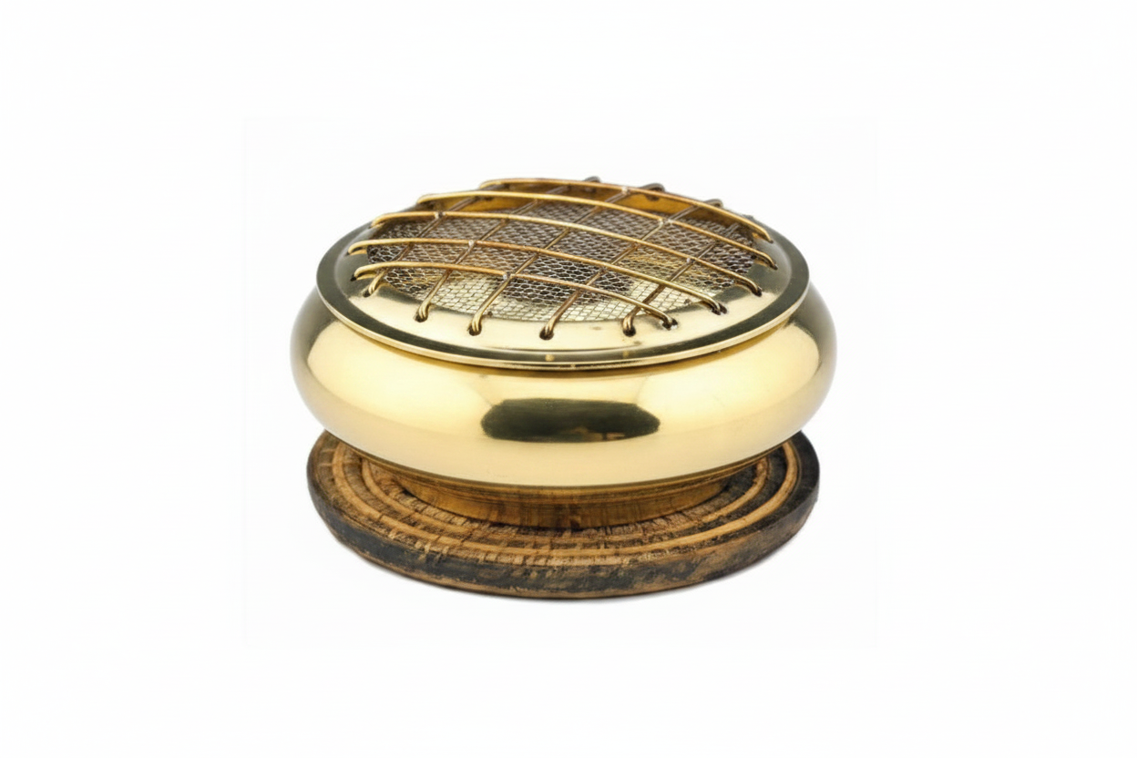 Brass screen charcoal burner with matching coaster for resin, herbs, and incense
