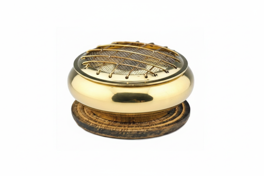 Brass screen charcoal burner with matching coaster for resin, herbs, and incense