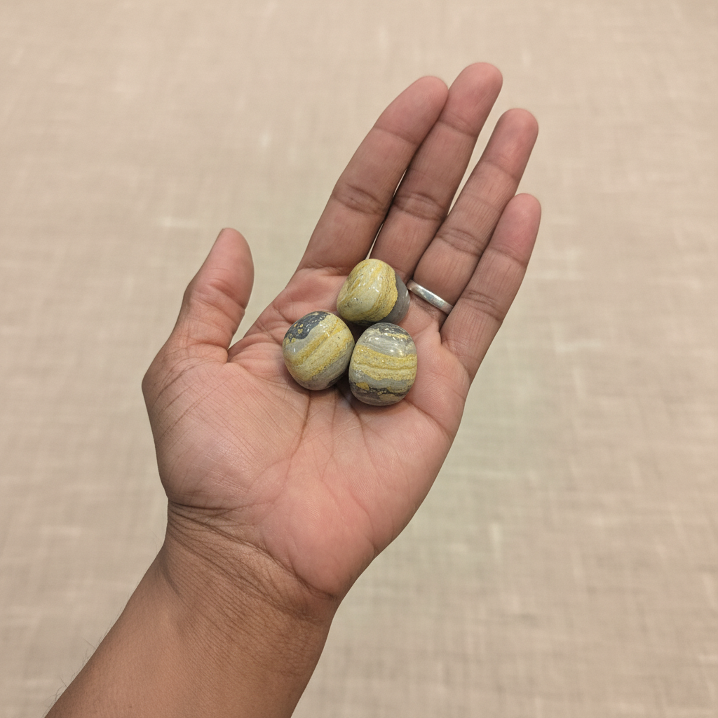 Polished Bumble Bee Jasper tumbled stones held in an open hand, showing their size and natural color variation.