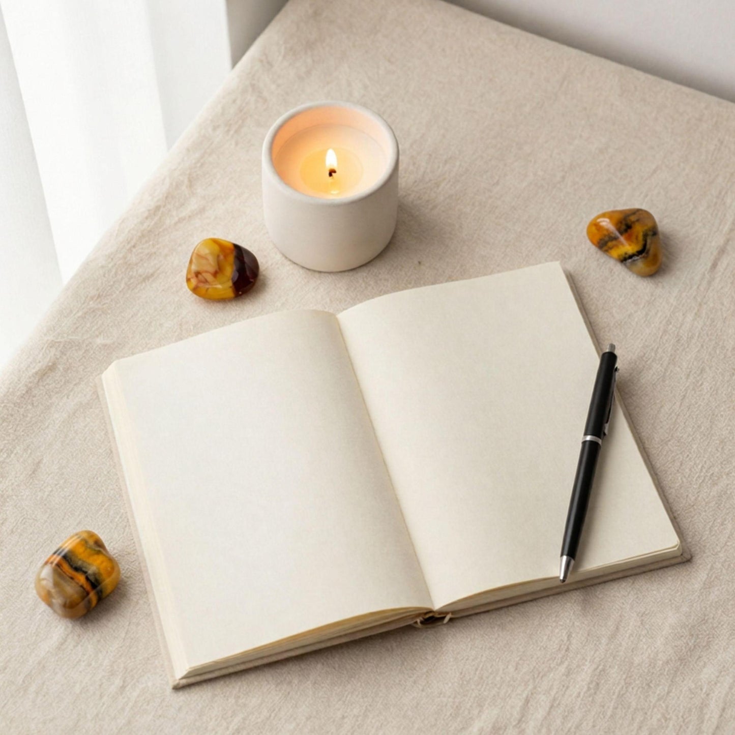 An open blank notebook on a beige fabric surface, with a black pen resting on the right page, a lit white candle, and two small bumble bee stones nearby.