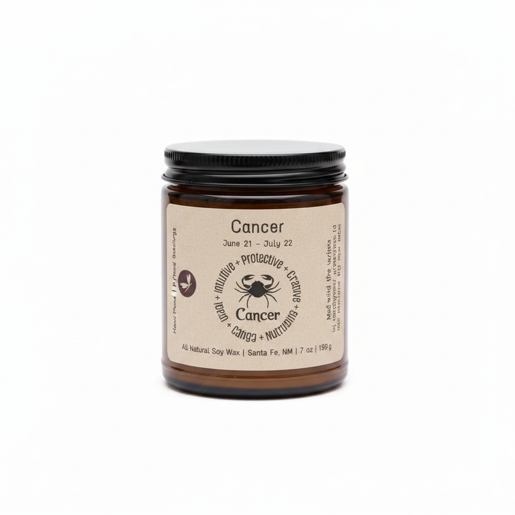 Cancer Zodiac Candle in an amber 8 oz jar on a white background