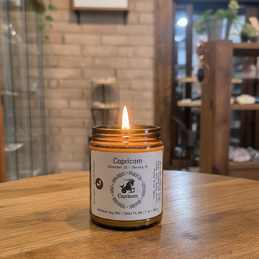 Lit Capricorn Zodiac Candle styled in a warm lifestyle setting