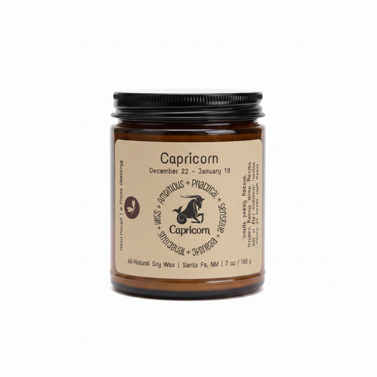 Capricorn Zodiac Candle in an amber 8 oz jar on a white background