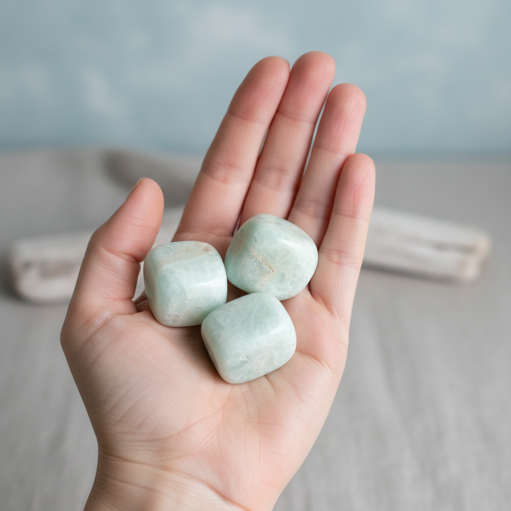 Caribbean Blue Calcite Tumbled Stones displayed in a calm lifestyle setting for scale and styling inspiration.