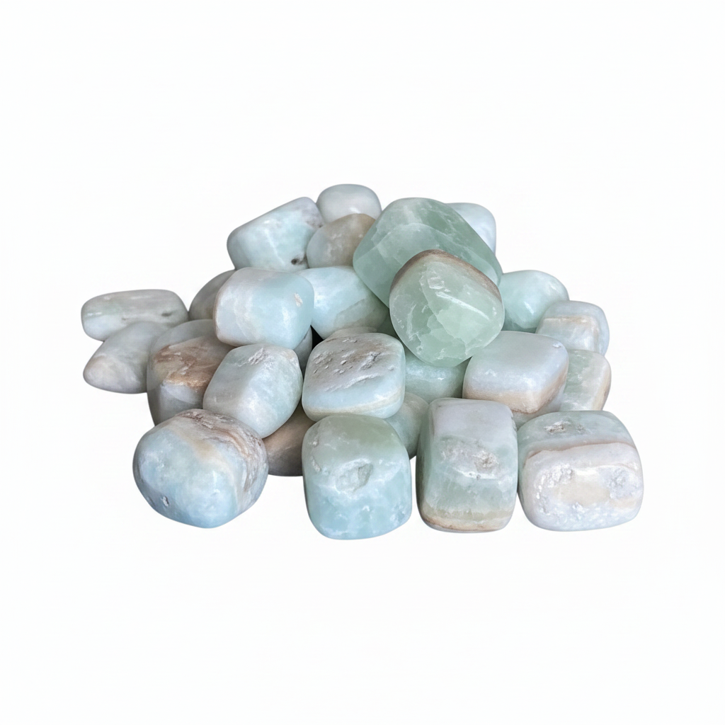 Caribbean Blue Calcite Tumbled Stones shown clearly on a clean white background, highlighting its color, shape, and natural variation.