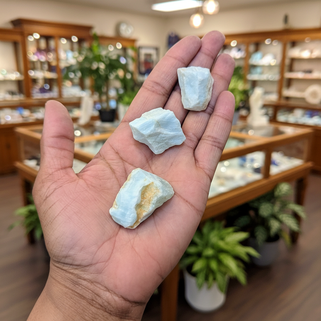 Rough Caribbean Blue Calcite – Stone of Higher Awareness & Lucid Dreams natural crystal held in hand to show approximate scale