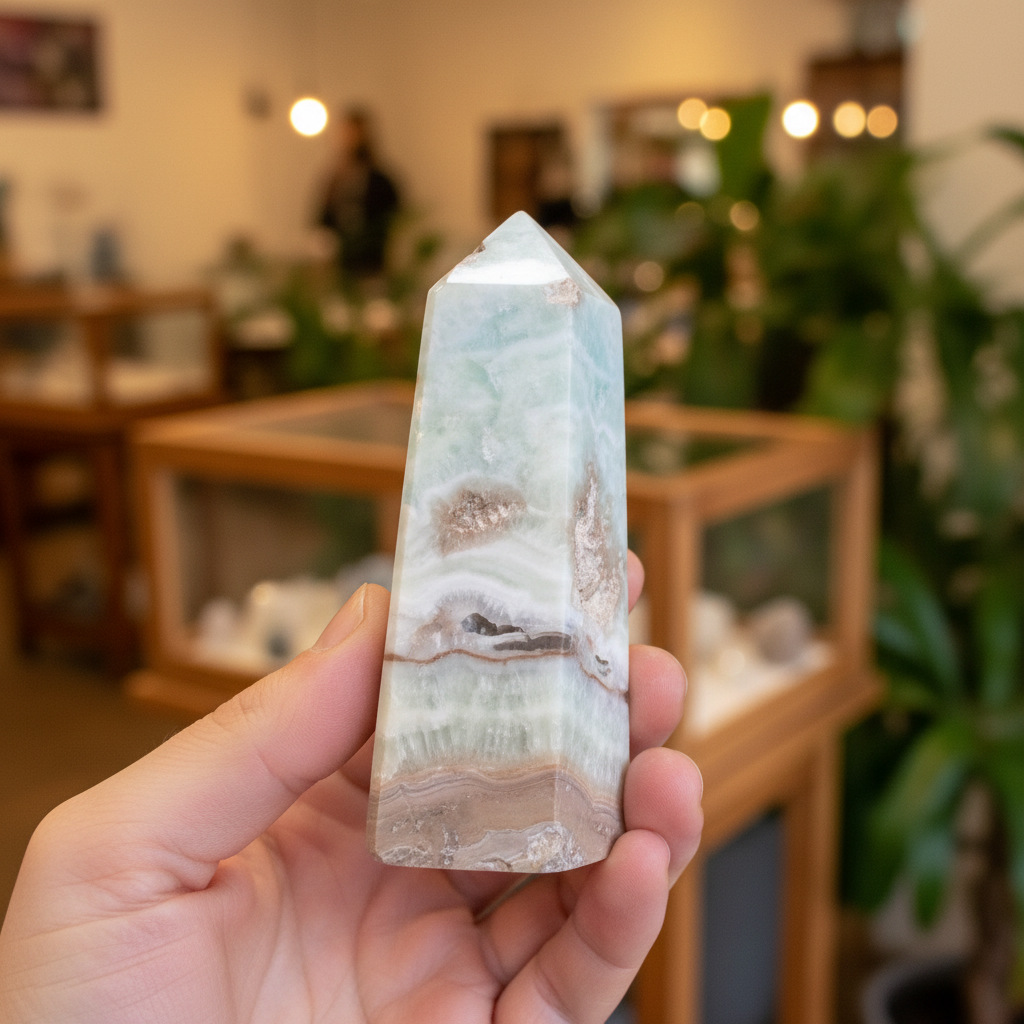 Caribbean Calcite obelisk displayed upright in a calm neutral lifestyle setting