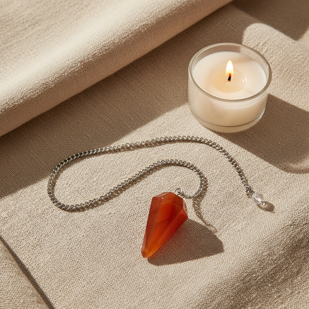 Carnelian crystal pendulum and chain arranged in a flat lay