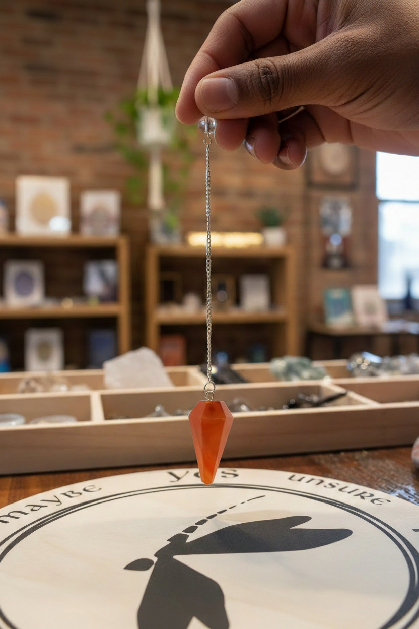 Carnelian pendulum held by its chain for scale
