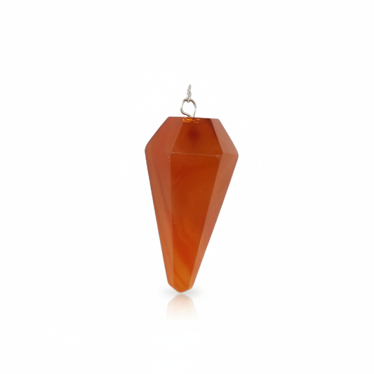 Natural Carnelian crystal pendulum on a white background