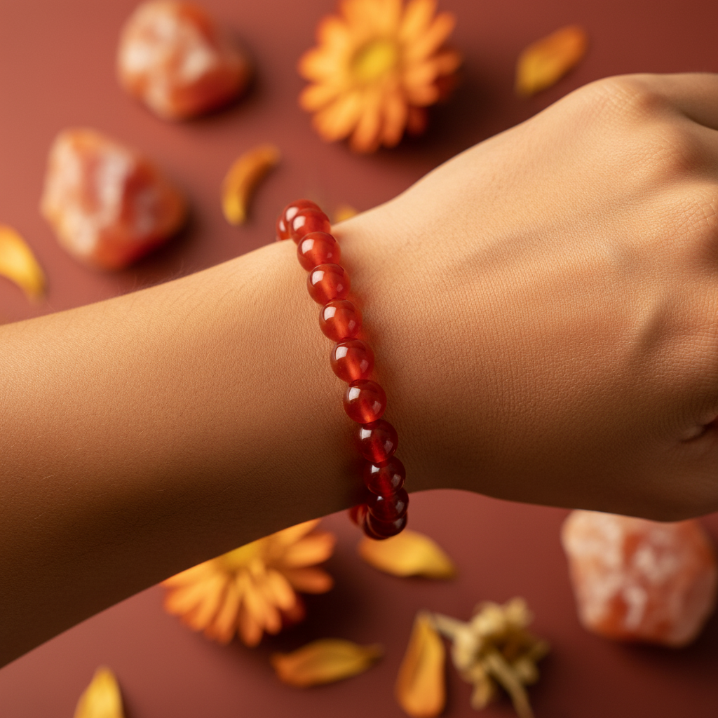 Carnelian 8mm bracelet worn on wrist with raw carnelian stones and dried orange flowers in background — Prana Blessings