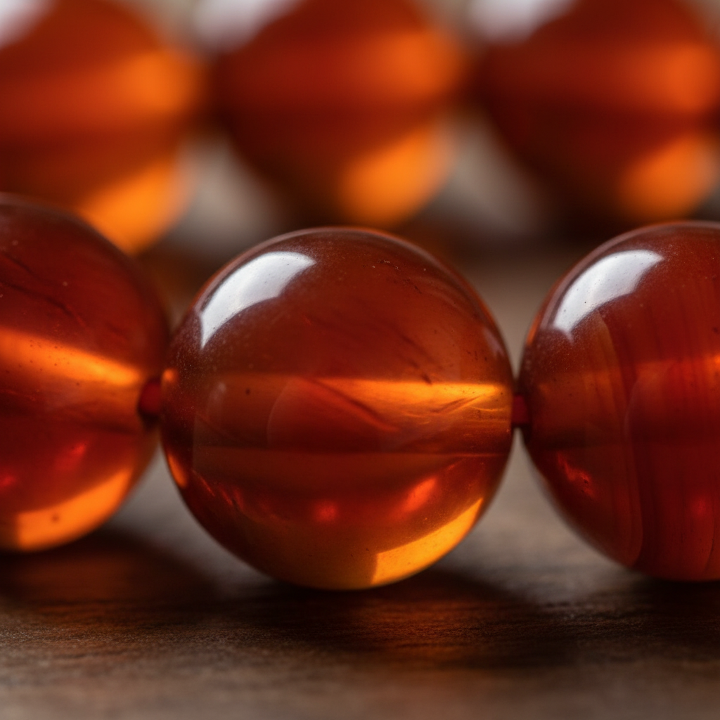 Close-up of Carnelian 8mm bracelet beads showing rich warm red-orange stone with natural translucent glow and subtle banding — Prana Blessings