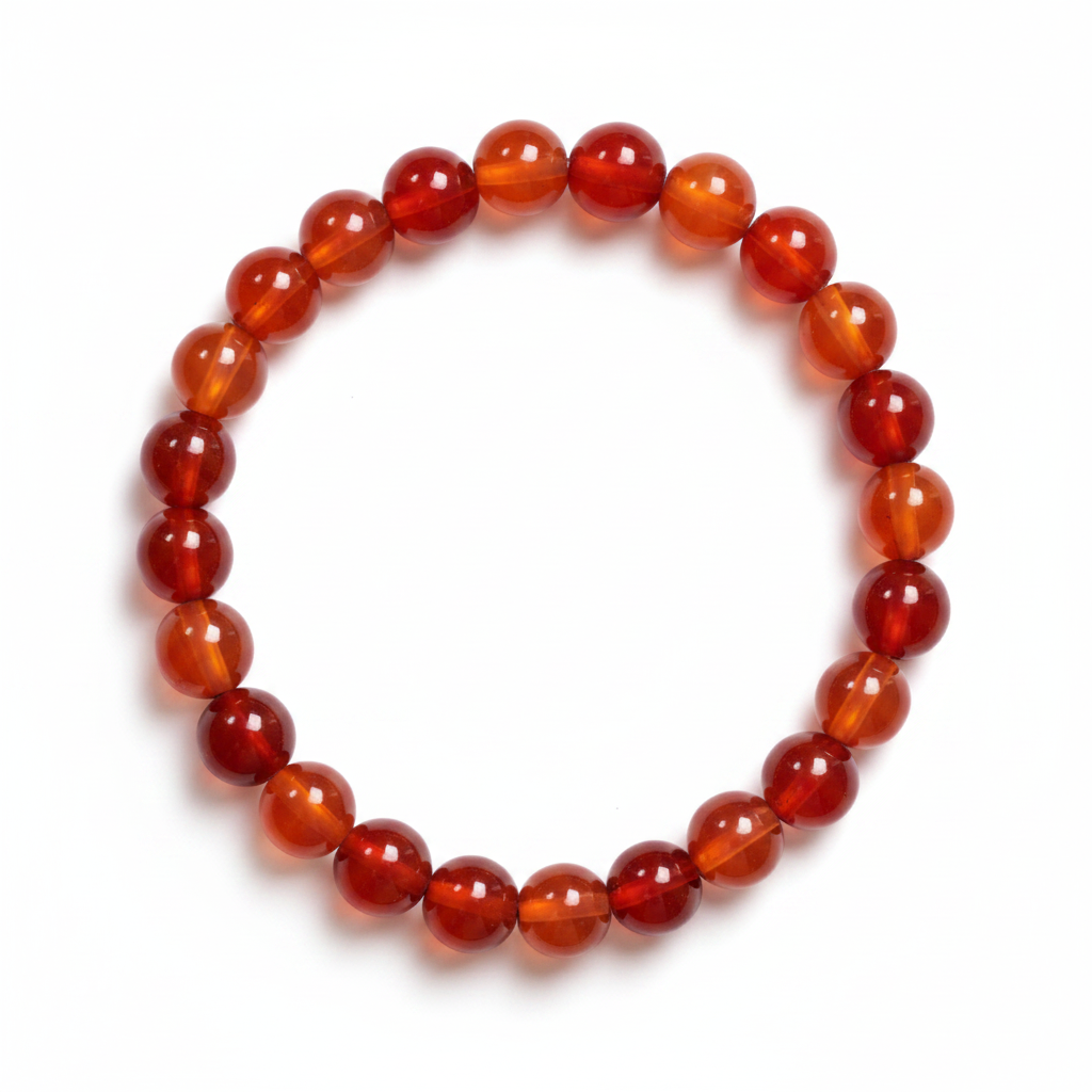 Carnelian 8mm beaded bracelet on white background — rich warm red-orange natural stone crystal bracelet by Prana Blessings