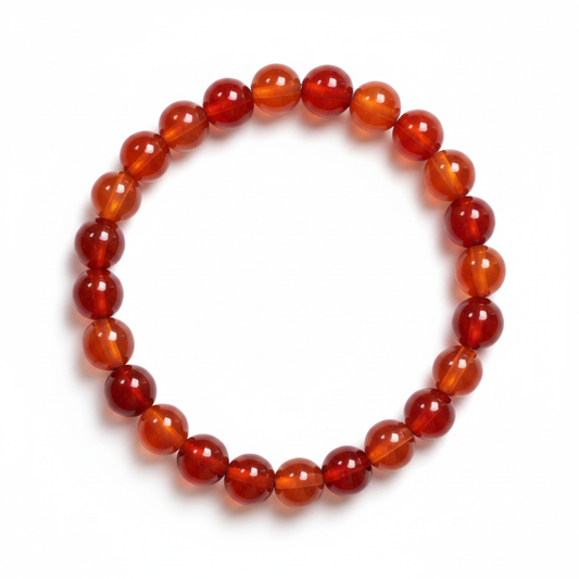 Carnelian 8mm beaded bracelet on white background — rich warm red-orange natural stone crystal bracelet by Prana Blessings