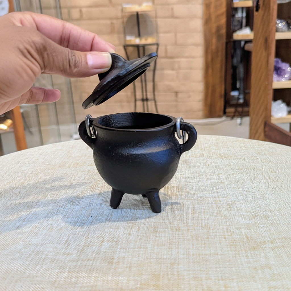 Small cast iron cauldron held in hand to show scale