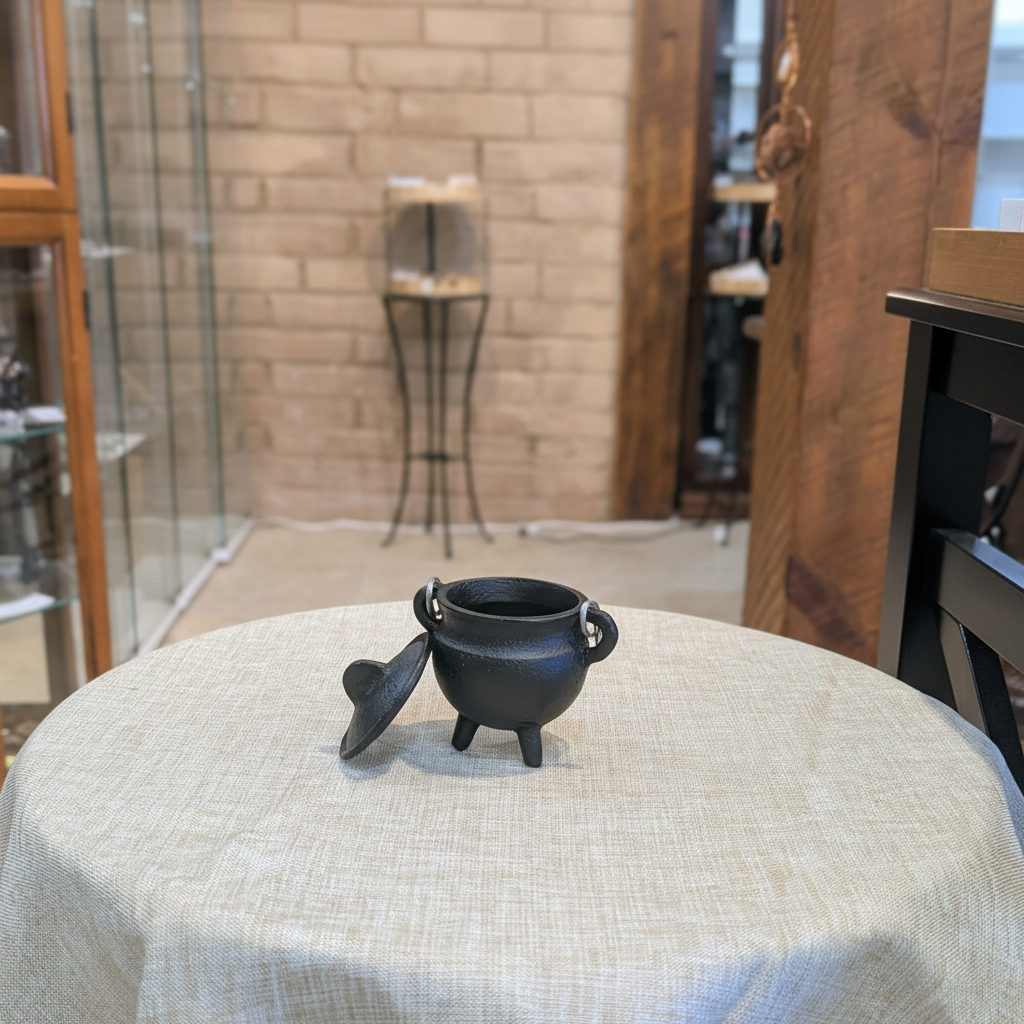 Black cast iron cauldron displayed with ritual tools in the shop