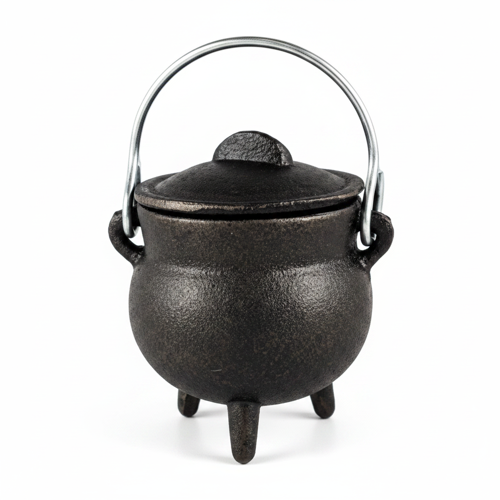 Black 3-inch cast iron cauldron with fitted lid