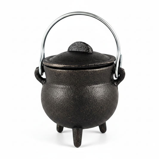 Black 3-inch cast iron cauldron with fitted lid