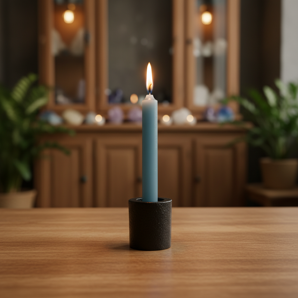 Cast iron chime candle holder styled with a lit candle in a ritual setting