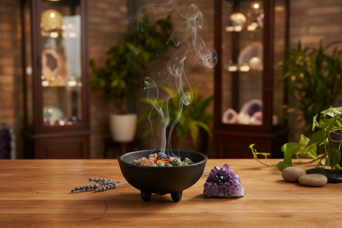 Oval cast iron cauldron displayed as a compact ritual incense burner