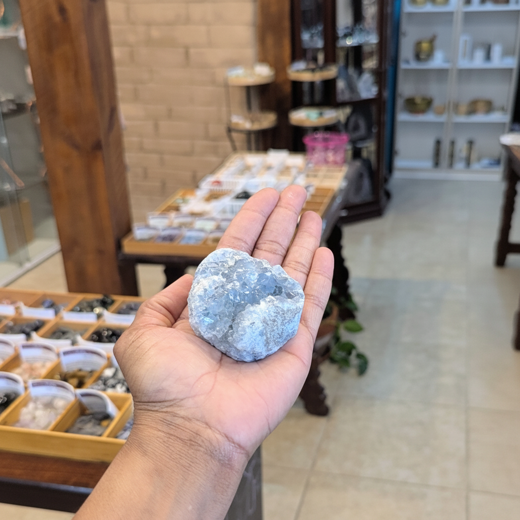 Soft blue Celestite cluster from Madagascar, approximately 2–3 inches held in hand to show approximate scale